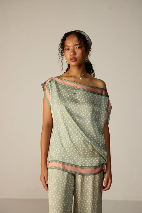 Orbit Sage Printed One-Shoulder Scarf-Style Top — Calling June