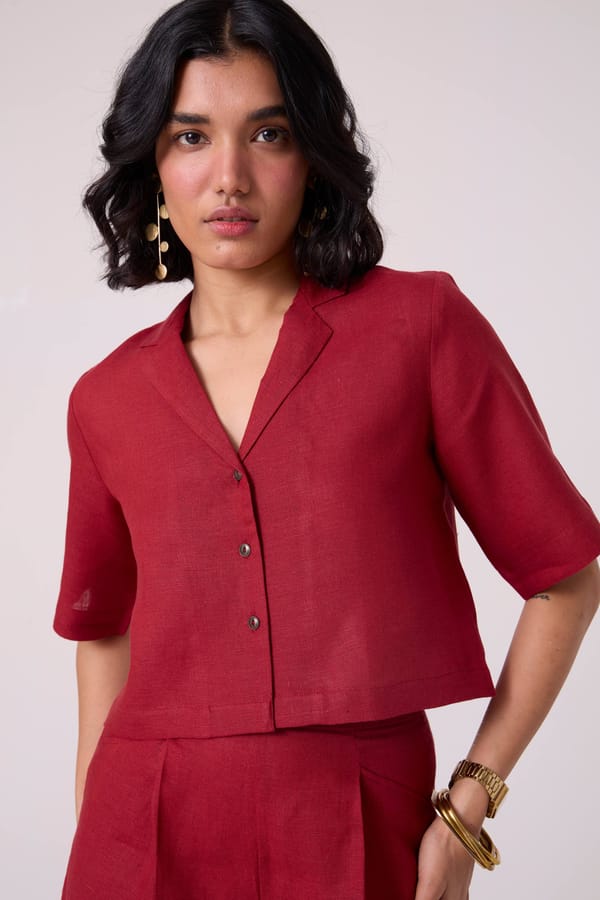 Red Linen Cropped Shirt with Lapel Collar — The Summer House