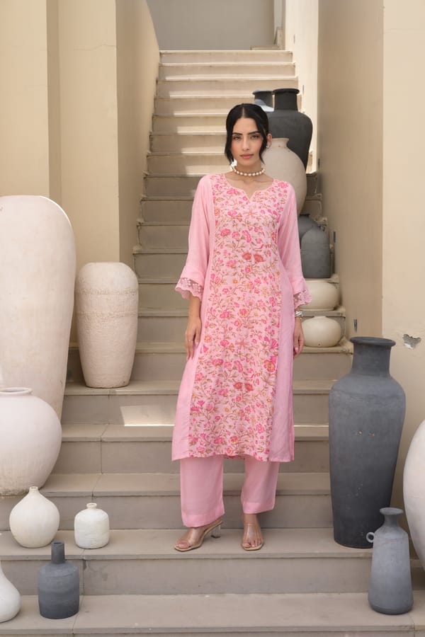 Pink Floral Panel Print Lace Muslin Kurta Set — MAHEE JAIPUR