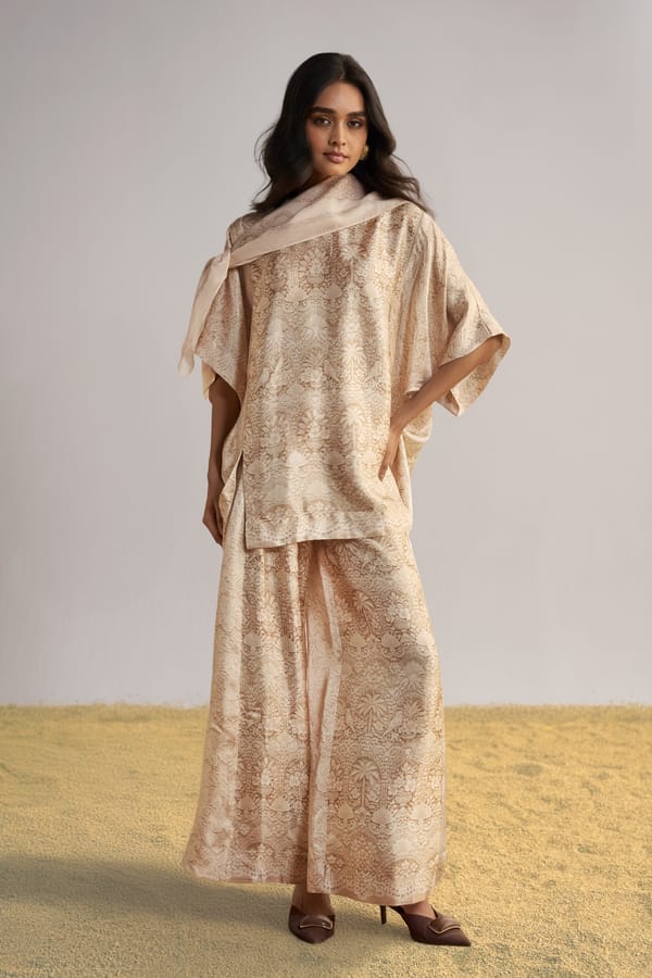 Sand/Ivory Printed Wide-Leg Viscose Trousers — Dash and Dot