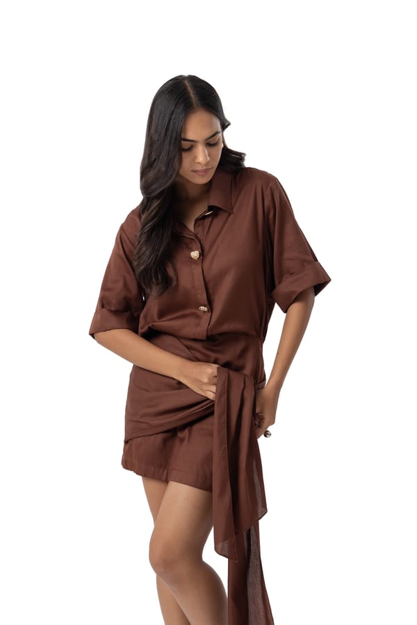 Espresso Cotton Mini Shirt Dress with Hip Tie-Up Drape — Studio MuGu