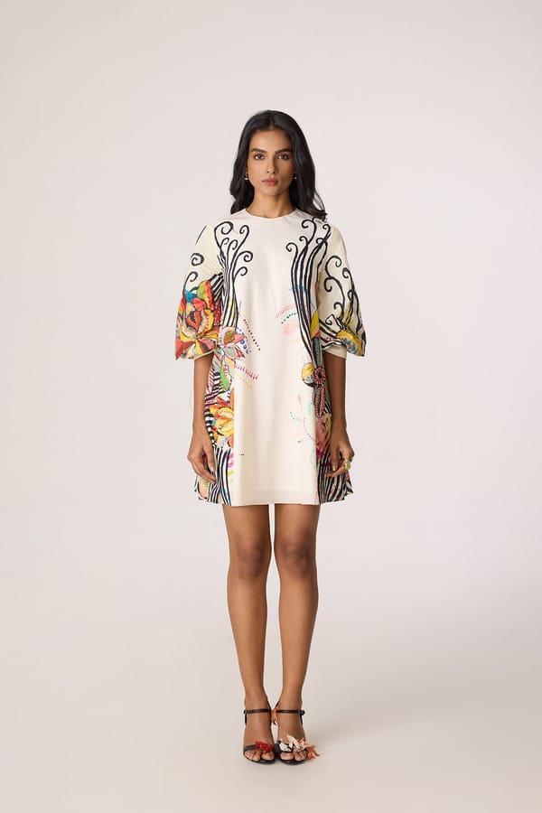 Ivory/Multi Abstract Floral Shift Mini Dress — Saaksha and Kinni