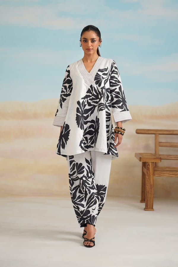 Off-White and Black Printed Linen Co-ord Set — NEETIKA CHOPRA