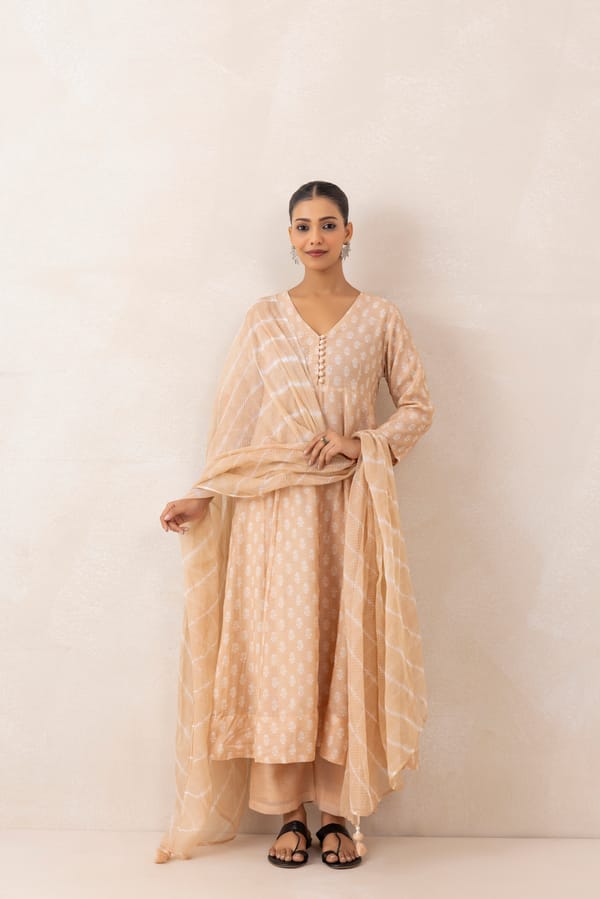 Beige Anarkali Kurta Set with Palazzo and Dupatta — CHHIPA JAIPUR