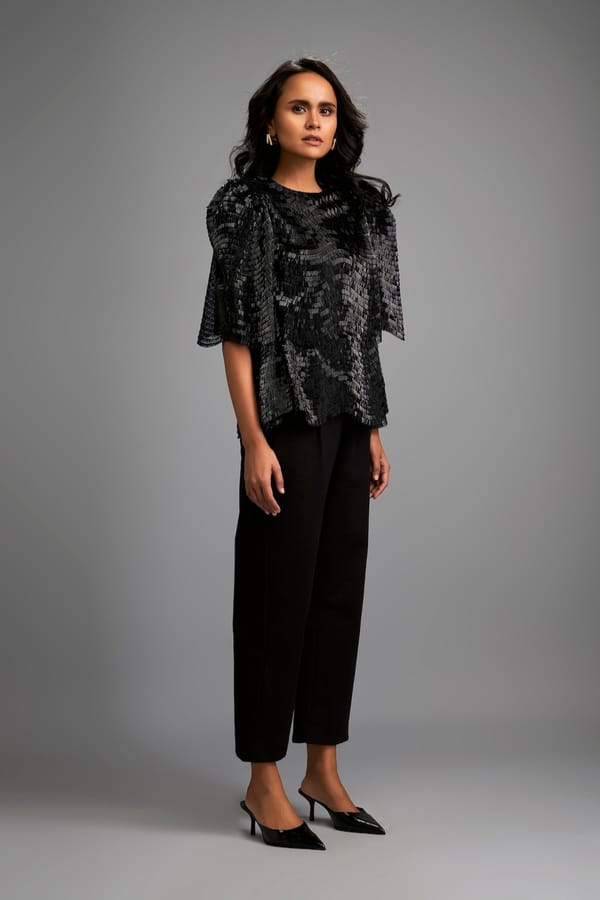 Textured Black Shimmer Top with Sculptural Shoulders and Cropped Pants — Deepika Arora