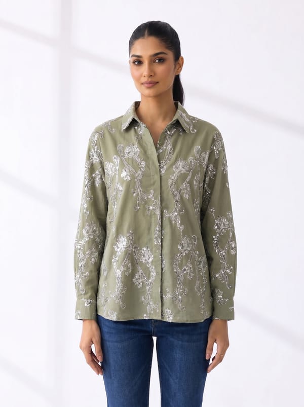 Green All-Over Embroidered Button-Down Shirt — THE LUXURY DRESSING