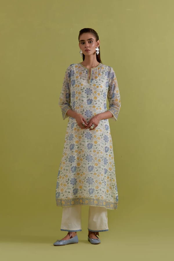 Off White Hand Block Printed Straight Kurta — Upavita