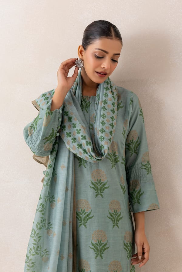 Blue and Beige Floral Print Straight Kurta Set with Dupatta — CHHIPA JAIPUR