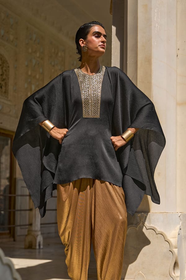 Black Gota-Embroidered Satin Crepe Kaftan Top — Dash and Dot