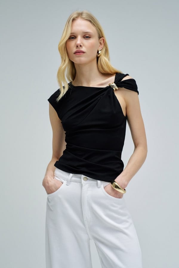 Black One-Shoulder Draped Top with Hardware Ring Detail — SALSA JEANS