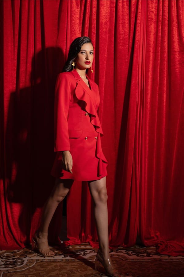 Red Ruffle Lapel Mini Blazer Dress with Gold Buttons — Label IRIS