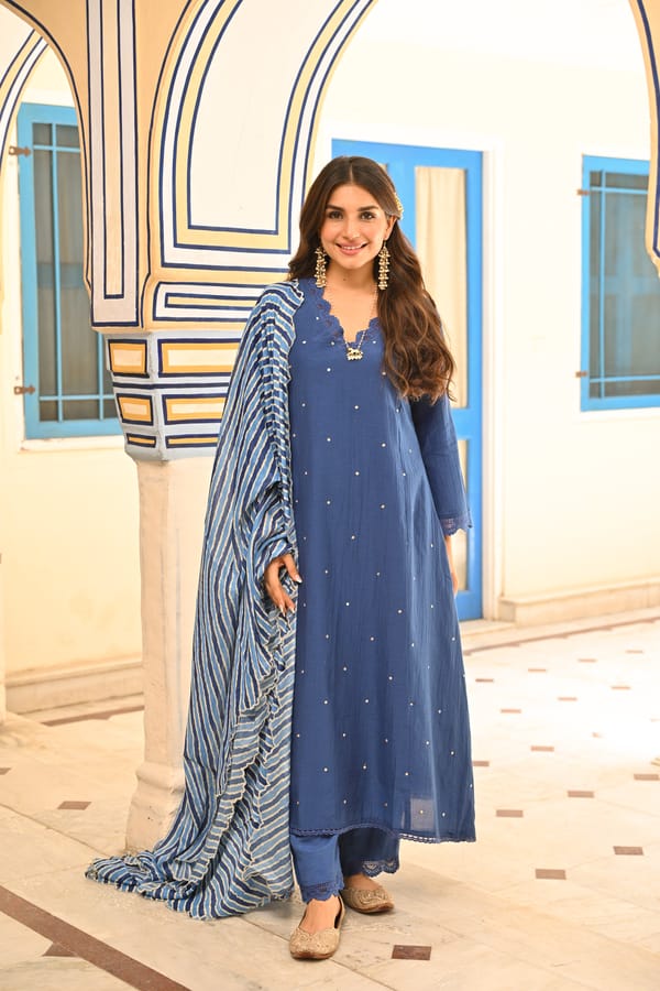 Royal Blue Mul Chanderi Gota Work A Line Set — MAHEE JAIPUR