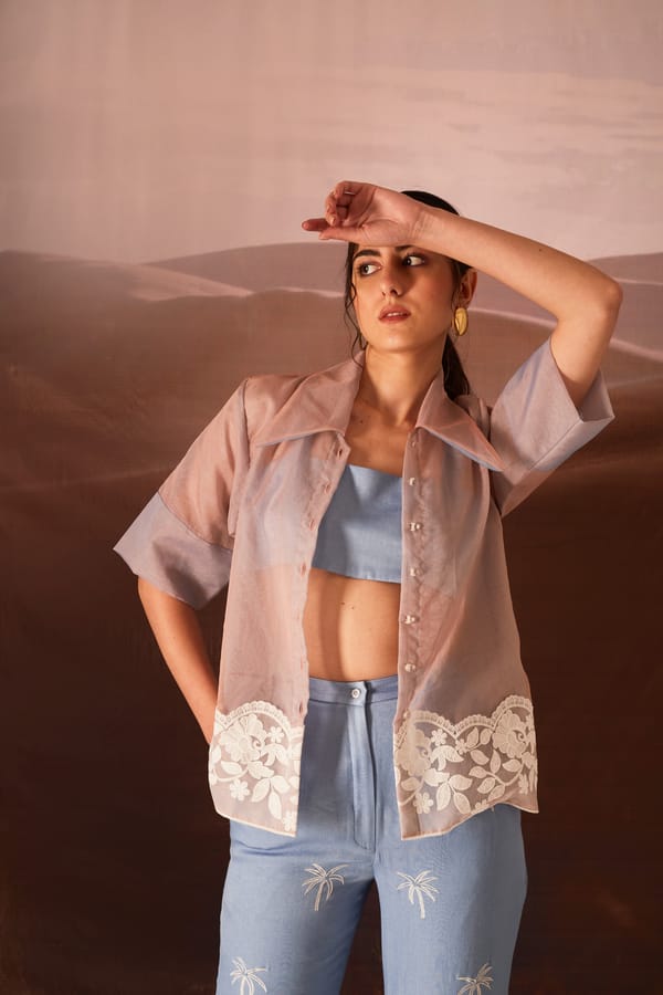 Blue and Peach Organza Shirt with Bustier Co-ord Set — An'era by Asmita Verma