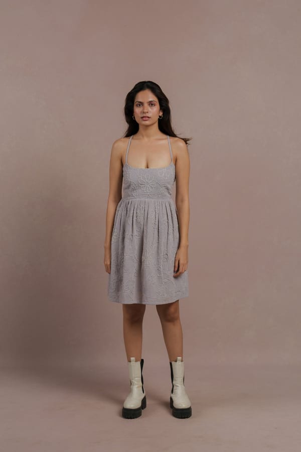 Dusty Lilac Linen Embroidered Fit and Flare Mini Dress — Label Sugar