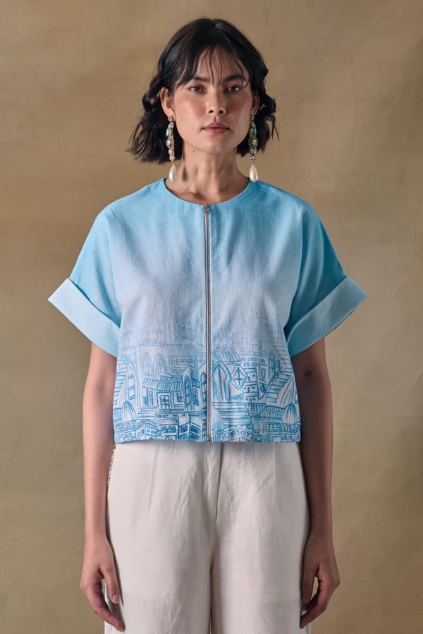 Blue Landscape Printed Zip-Front Cropped Kimono Top — Pocketful Of Cherrie