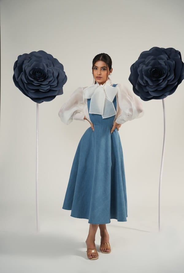 Organza Bow-Tie Balloon Sleeve Shirt with Dungaree Midi Dres — Weaving Cult