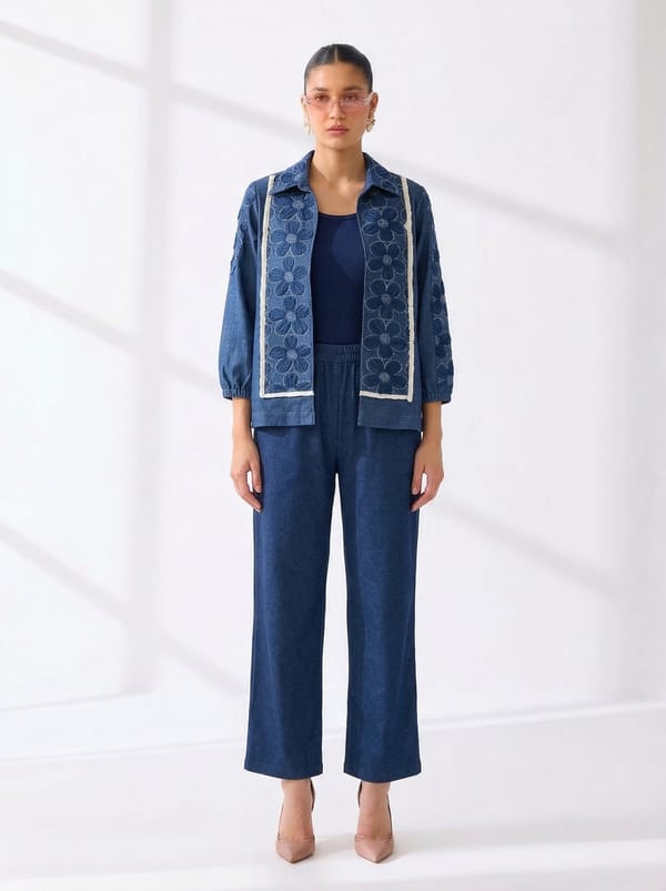 Blue Denim Cutwork Jacket and Wide-Leg Pants Co-ord Set — BUMBLEBEE