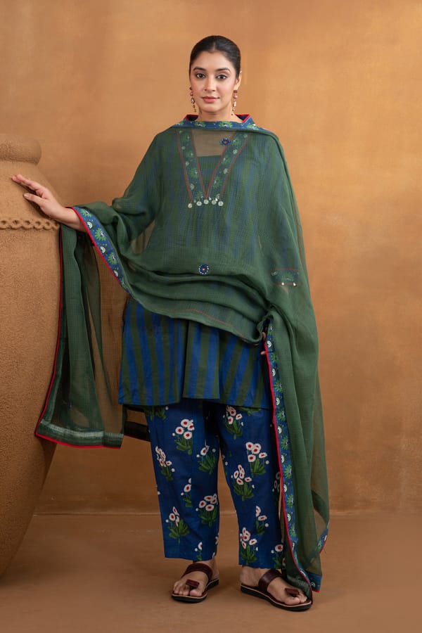 Stripes Print A line Kurta Set in Blue & Green — CHHIPA JAIPUR