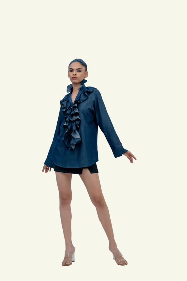 Blue Denim Cotton Shirt with Ruffles — Richa Goenka