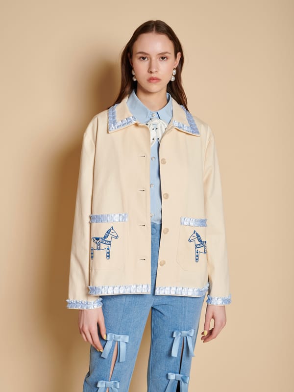 Cream Cotton Jacket with Blue Trim and Pocket Embroidery — SISTER JANE
