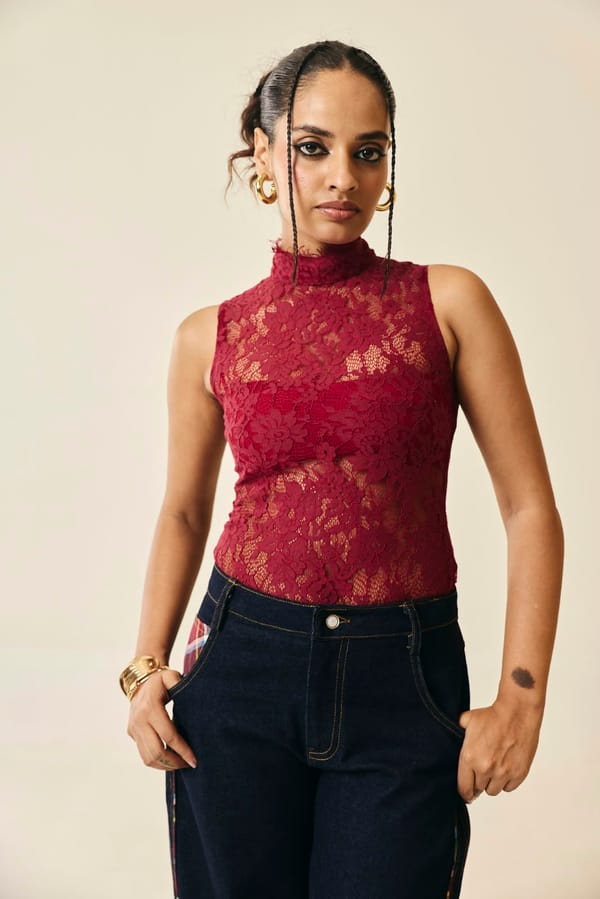 Embervine Burgundy Lace Mock-Neck Bodysuit — Lea Clothing