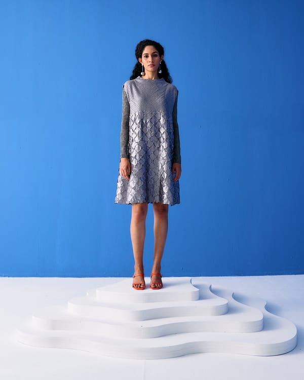 Silver Metallic Textured A-Line Knee-Length Dress — Pleats by Aruni