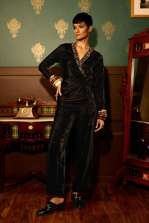 Black Micro Velvet Wrap Jumpsuit with Beaded Lapel — Reeti Arneja