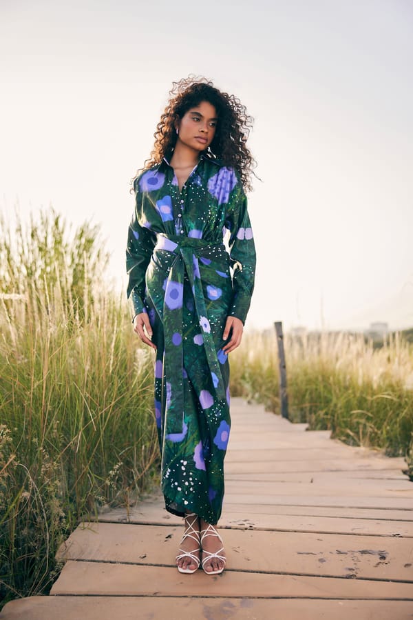 Purple/Dark Green Printed Shirt and Draped Maxi Skirt Set — Zip by Payal Zinal