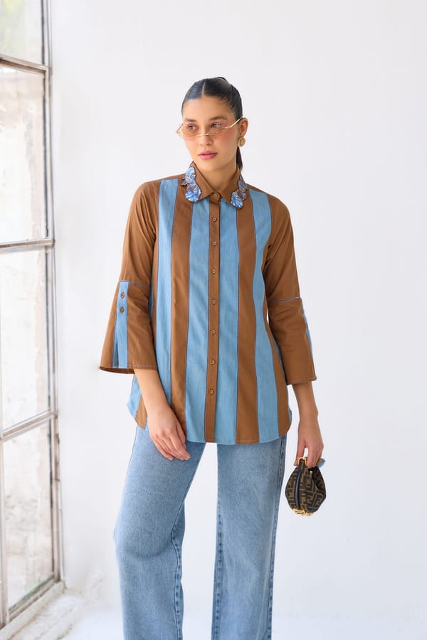 Tan and Denim Colorblock Shirt with Embroidered Collar — Our Love