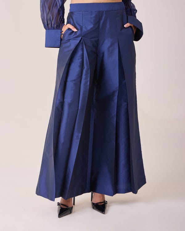 Navy Taffeta High-Waist Flared Trousers — Needle Ten