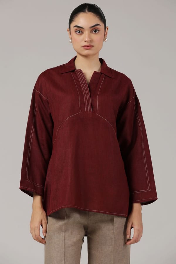 Maroon Contrast Stitch Relaxed Cotton Top — Truly SMA
