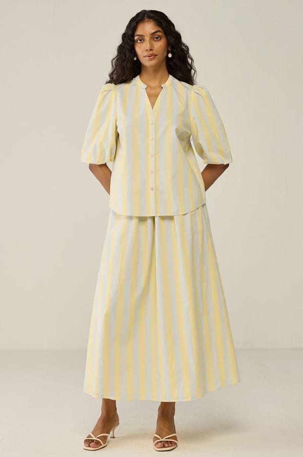 Blue & Yellow Stripe Shirt And Skirt Co-ord Set — Move About Effortlessly