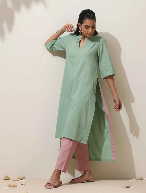Mint Green Cotton Linen Straight Kurta Pant Set — Truebrowns