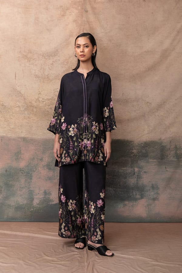 Black Floral Placement Print Co-ord Set — LABEL NAARITI