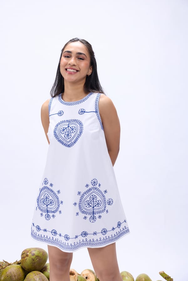 White Mini Shift Dress with Blue Aari Embroidery — Label Ruiaan