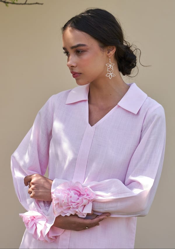 Baby Pink Collared V-Neck Tunic Top with 3D Flower Cuffs — AMOSHI