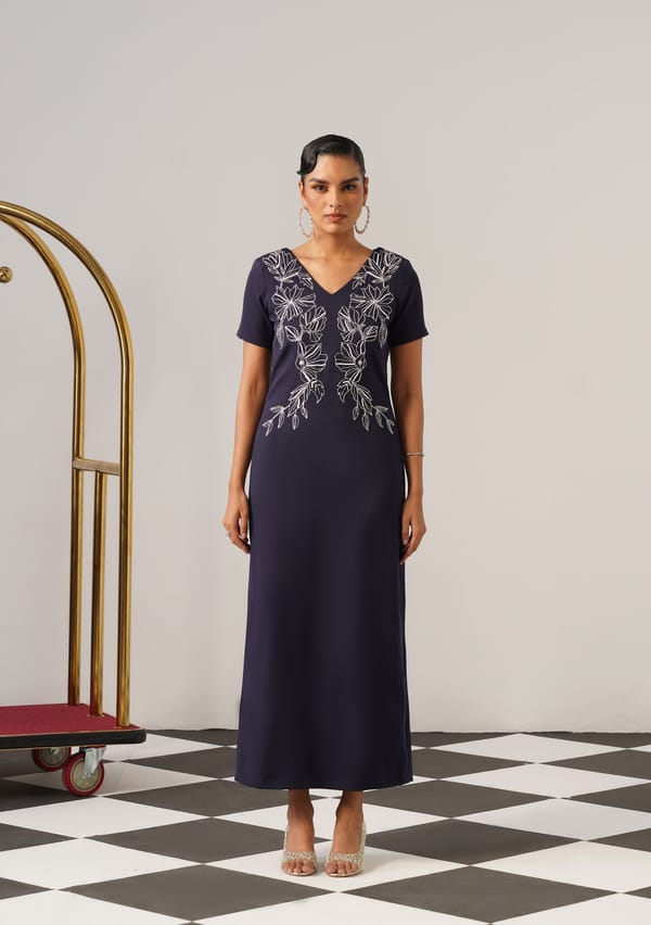 Navy V-Neck Embroidered Maxi Dress — AMOSHI