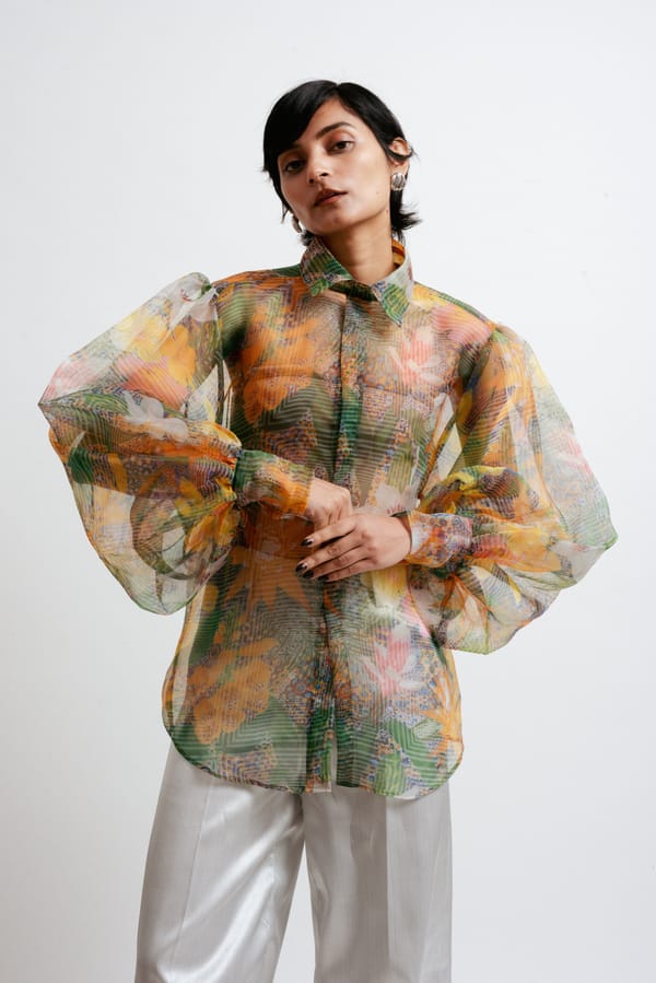 Sheer Organza Abstract Print Balloon Sleeve Shirt — White Saturn