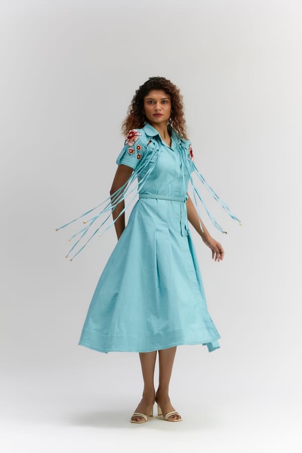 Aqua Blue Cotton Denim Button-Up Dress — Itara an another