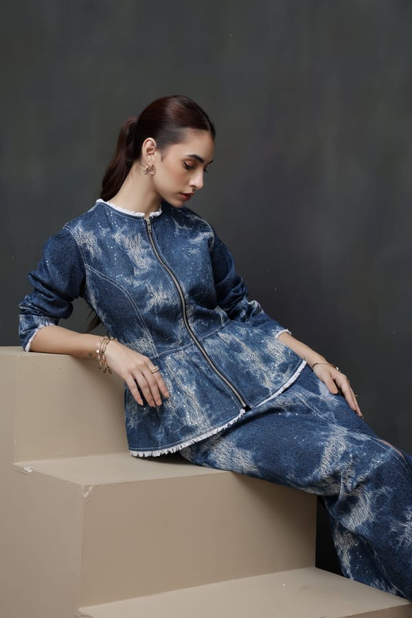 Dark Blue Ombre Embellished Peplum Denim Jacket — Rhe-Ana