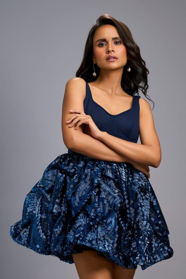 Mini Dress With Shimmer Embroidered Bubble Skirt — Deepika Arora