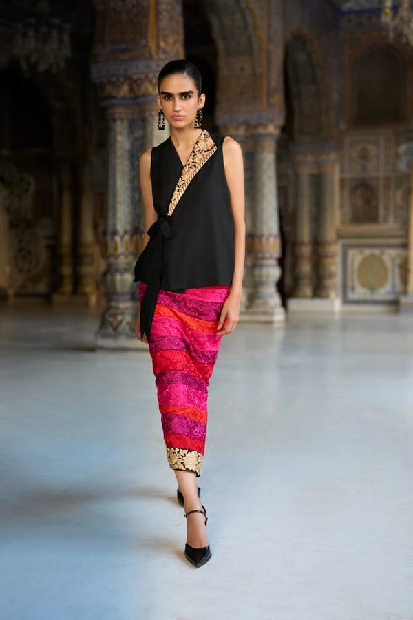 Embroidered Side-Tie Waistcoat & Striped Straight Cut Skirt — Dash and Dot
