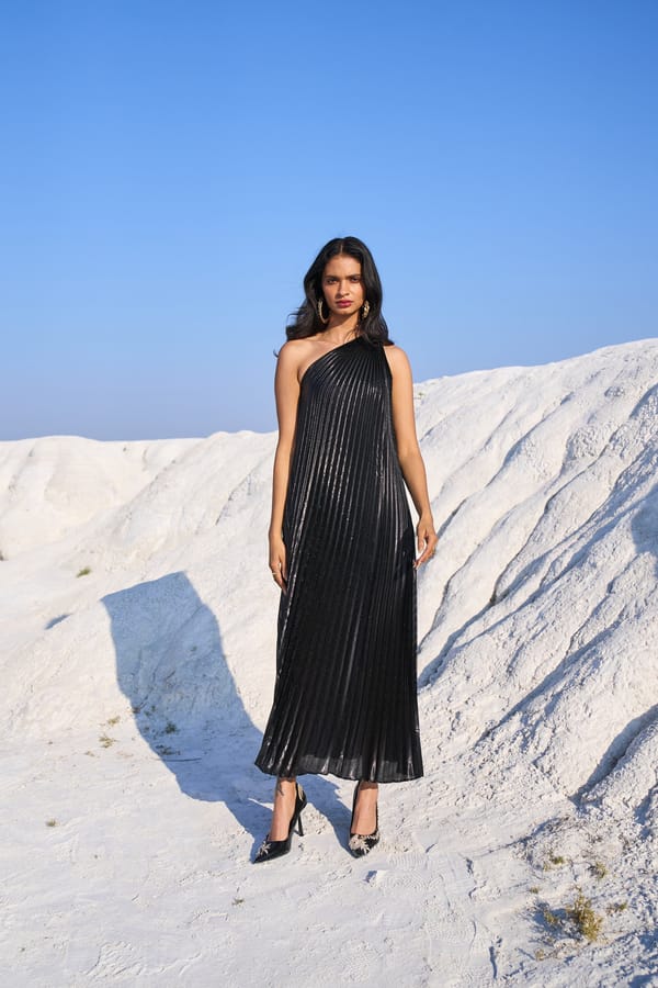 Black One-Shoulder Pleated Lamé Maxi Dress — Dash and Dot