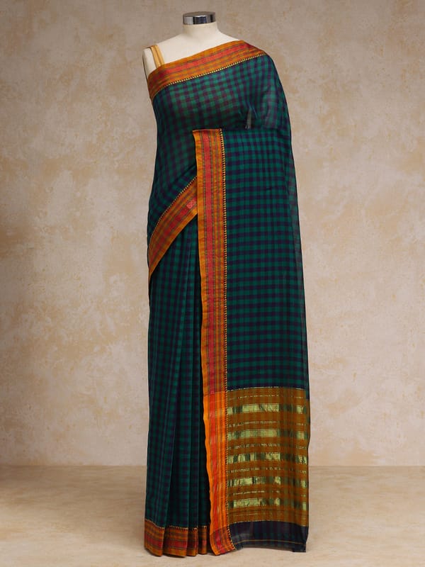 Dark Green Check Cotton Silk Kanchi Chettinad — BINKS