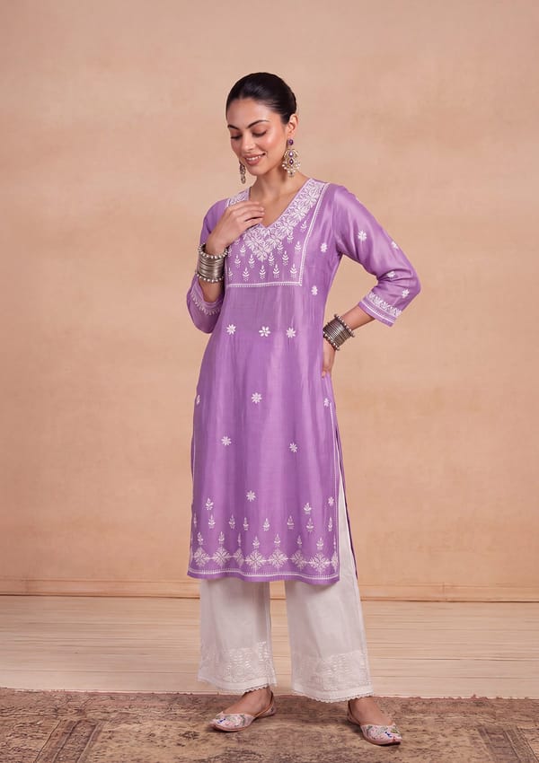 Chikankari Solid Women'S Long Kurta - Lavender — House Of Chikankari