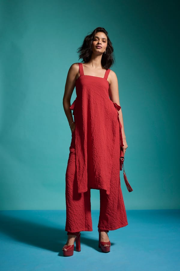 Red Crushed-Texture Straight-Leg Pull-On Trousers — Dash and Dot