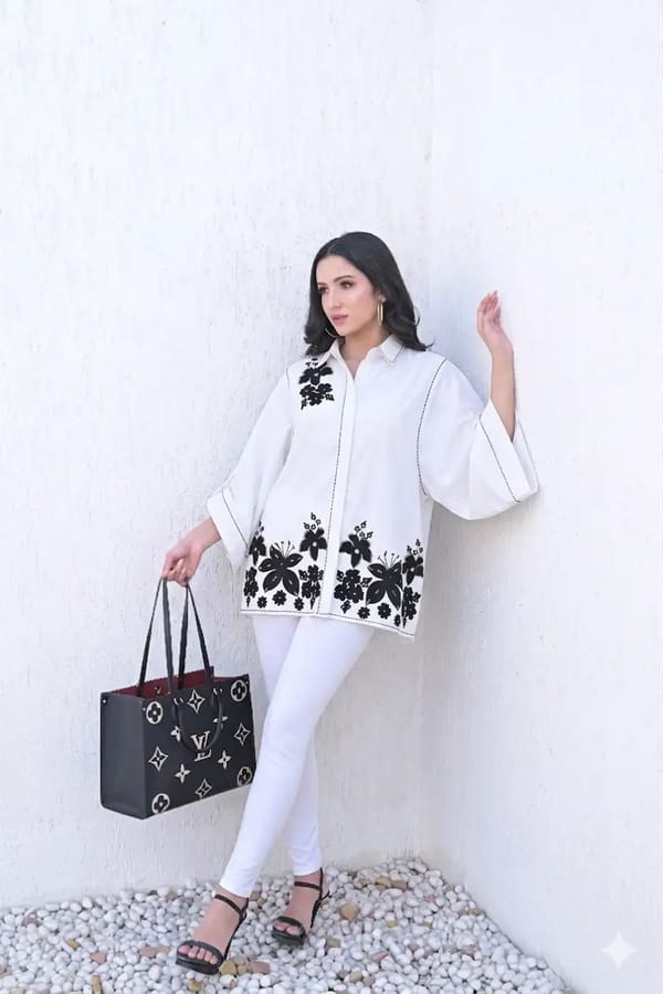 White Oversized Cotton Shirt with Black Floral Print — RUCHIKA MALLIKA LABEL