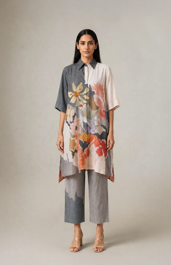 Grey Linen Printed Tunic and Wide-Leg Pants Co-ord Set — CLOS