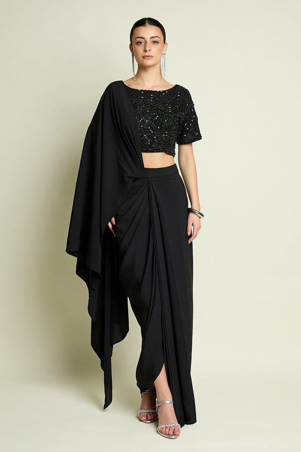 Black Noir Pre-Draped Saree With Blouse — Aakaar