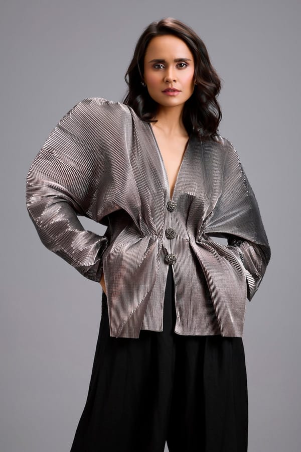 Gunmetal V-Neck Peplum Top — Deepika Arora